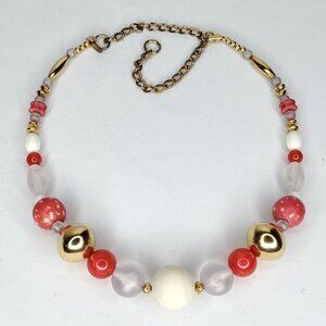 Vintage Red Bead Necklace Goldtone White Clear Frosted Teresa Goodall 16"